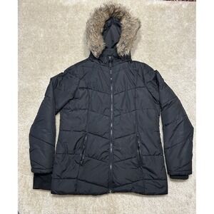 Guess Puffer Jacket Womens XL Black Quilted Fur Hood Pockets Full Zip Outdoors